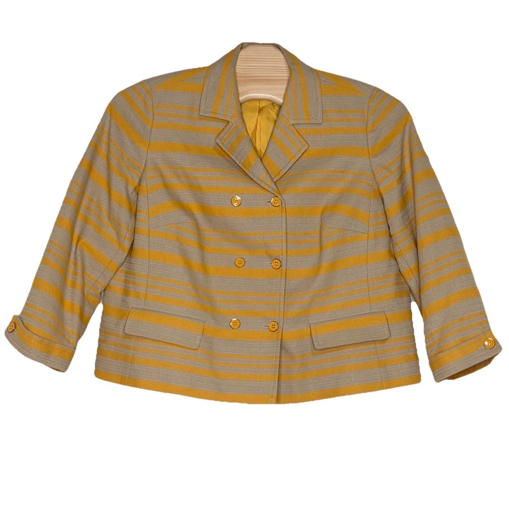 Talbot's Jacket Women 18W Yellow Tan Striped linen‎ blend double breasted blazer
